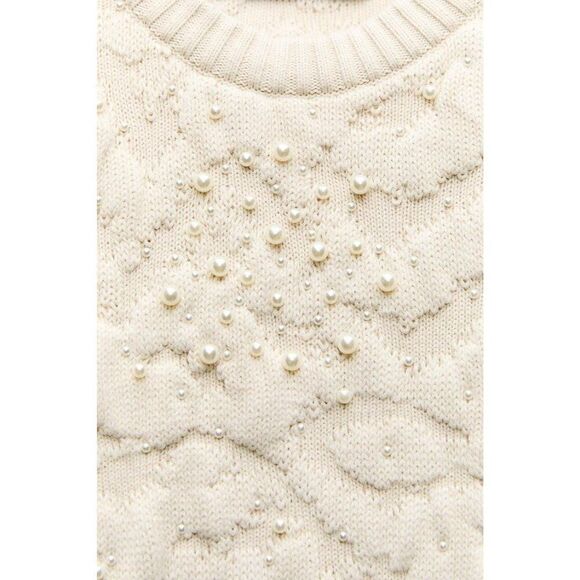 Zara Womens Knit Sweater Textured Pearl Beaded S Ecru Ivory 6895/001 NWT - Picture 4 of 15